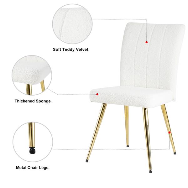 Modern White teddy wool dining chair, upholstered chair with fabric accent side chair with gold-plated metal legs for family furniture living room, bedroom, kitchen, dining room(set of 4)