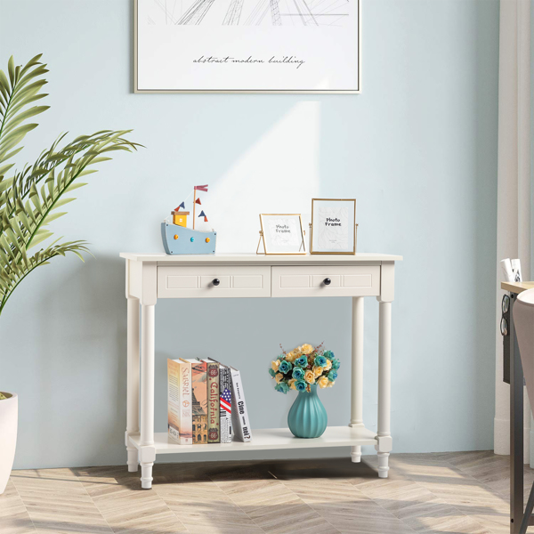 2-Tier Console Table with 2 Drawers， Console Tables for Entryway, Sofa Table with Storage Shelves, Entryway Table Behind Sofa Couch, for Living Room, Kitchen, Cream White