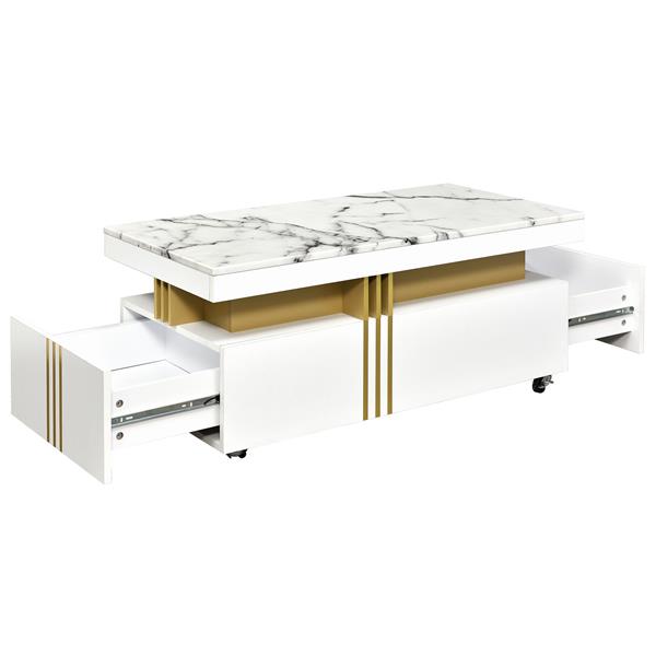 [VIDEO provided] Contemporary Coffee Table with Faux Marble Top, Rectangle Cocktail Table with Caster Wheels, Moderate Luxury Center Table with Gold Metal Bars for Living Room, White