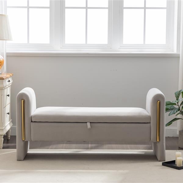 032-Velvet Fabric Storage Bench Bedroom Bench With Gold Metal Trim Strip For Living Room Bedroom Indoor,Light Gray