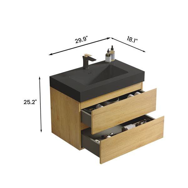 30" Natural Oak Bathroom Vanity with Sink, Large Storage Wall Mounted Floating Bathroom Vanity for Modern Bathroom, One-Piece Black Sink Basin WITHOUT Drain and Faucet