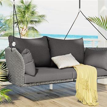 51.9\\" 2-Person Hanging Seat, Rattan Woven Swing Chair, Porch Swing With Ropes,  Gray Wicker And Cushion