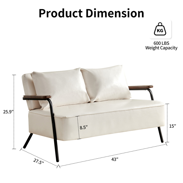 44” W Small Loveseat Sofa Couch Faux Leather Modern Futon Sofa Bed with Wider Seat Depth Upholstered 2-seat Love Seats Sleeper Sofa for Living Room Bedroom Apartment Office (White)