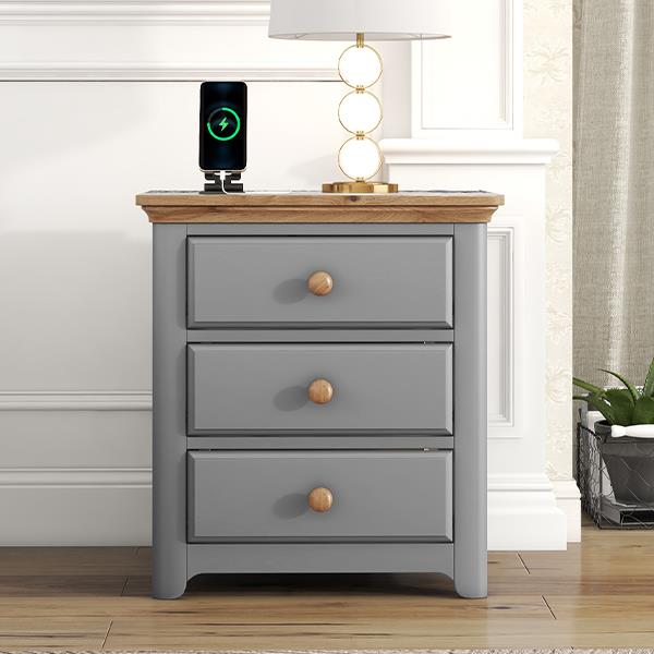 Wooden Nightstand with USB Charging Ports and Three Drawers,End Table for Bedroom,Gray+Natrual