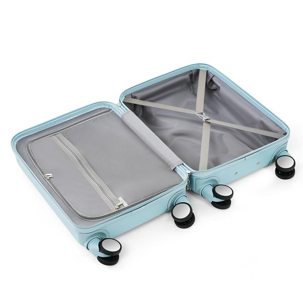 Luggage Set of 3, 20, 24, 28inch with USB Port, 20, 24inch with front opening design Airline Certified Carry on Luggage with Cup Holder, ABS Hard Shell Luggage with Spinner Wheels, light blue