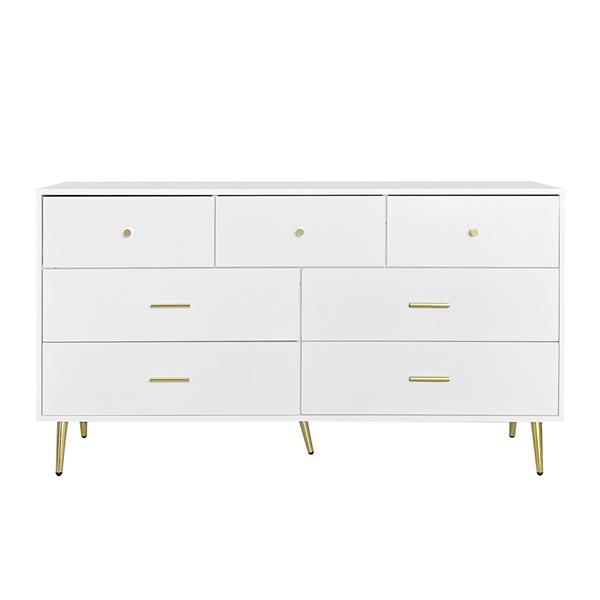 Seven Drawers Large Chest of Drawer Cabinet with Golden Handle and Golden Legs White Color