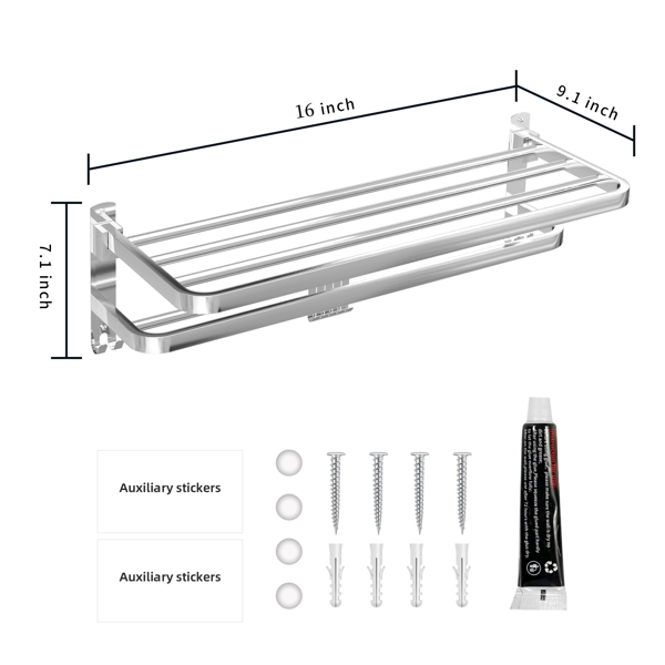 Bathroom Towel Rack Wall Mounted,16" Foldable Bath Towel Shelf with Double Towel Bars for Bathroom SUS304 Stainless Steel Towel Holder with Hooks Rustproof Hanger for Shower, Sliver