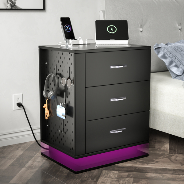 RGB LED With with Charging Station and USB Ports 3 Drawer Side Cabinet Bedside Table Nightstand Right Side Black