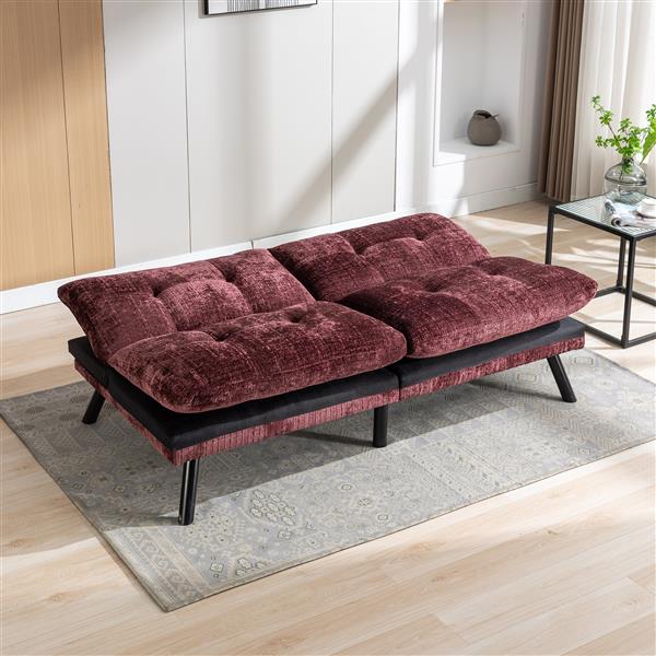 Convertible Sofa Bed  Loveseat Futon Bed Breathable Adjustable Lounge Couch with Metal Legs,Futon Sets for Compact Living Space  Chenille- Wine Red