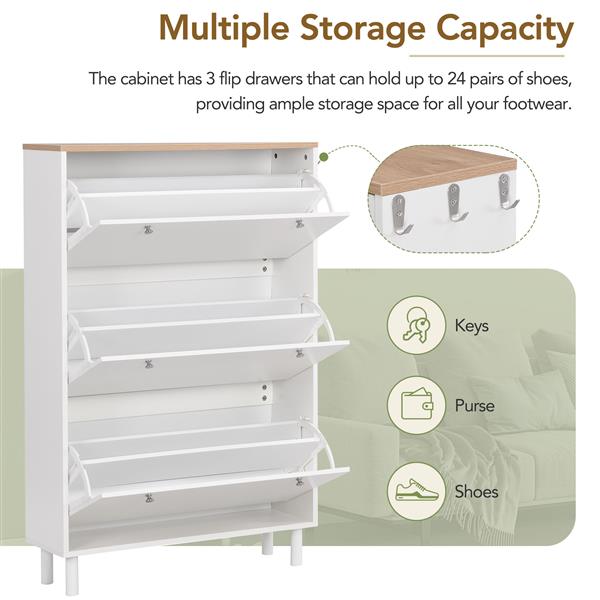 Narrow Design Shoe Cabinet with 3 Flip Drawers, Wood Grain Pattern Top Entryway Organizer with 3 Hooks, Free Standing Shoe Rack with Adjustable Panel for Hallway, White