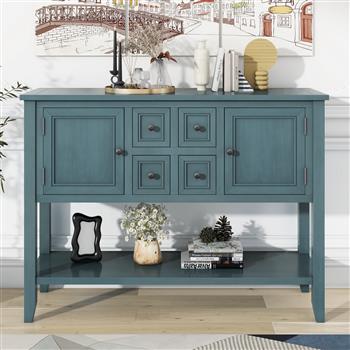 Series  Ample Storage Vintage Console Table with Four Small Drawers and Bottom Shelf for Living Rooms, Entrances and Kitchens (Dark Blue