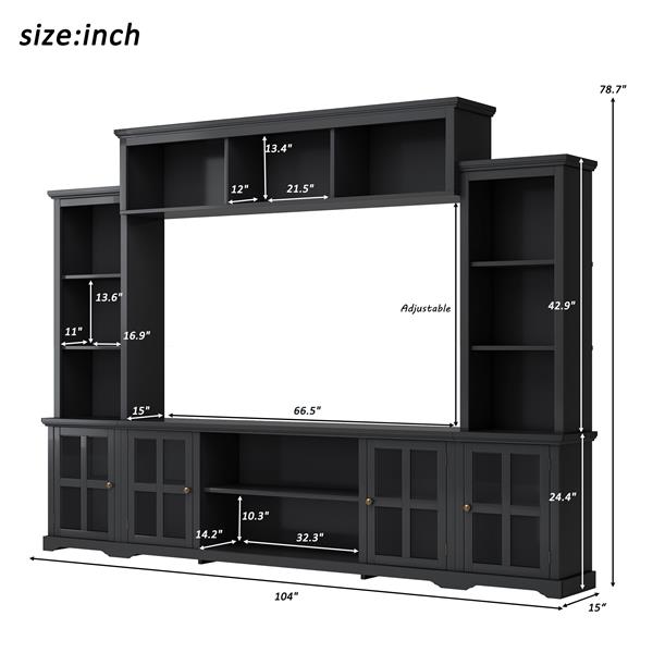 [VIDEO provided] Minimalism Entertainment Wall Unit with Bridge, Modern TV Console Table for TVs Up to 70", Multifunctional TV Stand with Tempered Glass Door, Black