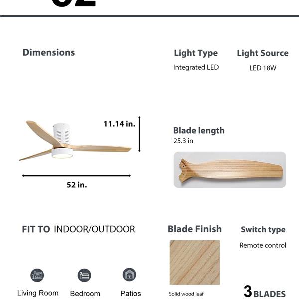 52 Inch Indoor Flush Mount Ceiling Fan With 3 Solid Wood Blades Remote Control Reversible DC Motor With Led Light