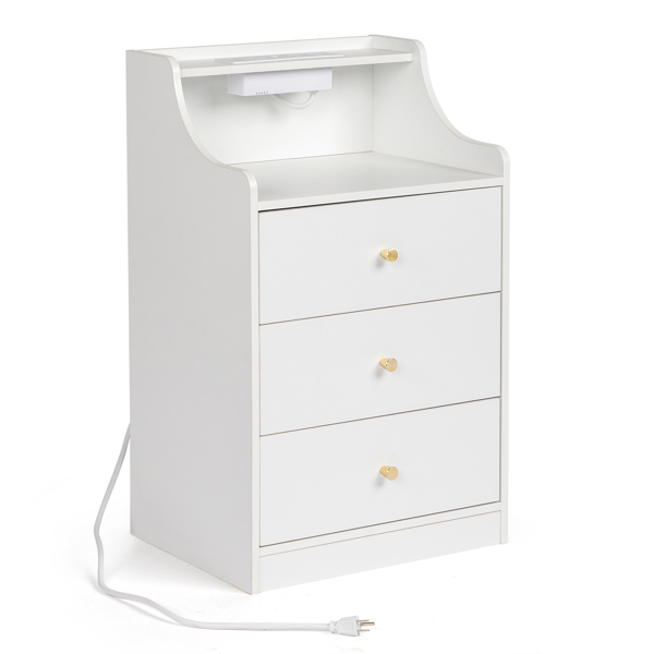 FCH white particleboard with triamine matt gold tapered handle 45*35*73cm three drawers with compartments bedside table 1 wireless + 2 USB ports + 2 US standard three-plug ports