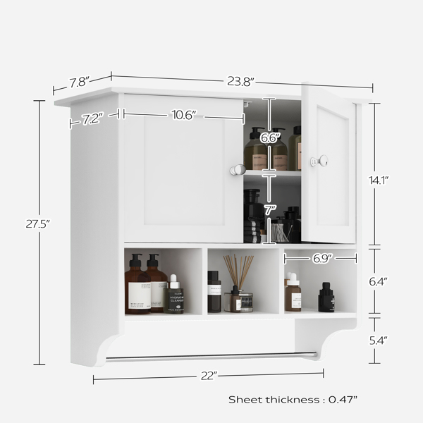 Medicine Cabinets, Space Saving Wall Cabinet with 2 Doors and Adjustable Towel Rack Shelves, Storage Cabinet for Toilet, Bathroom, Living Room, Kitchen（No shipments on weekends）