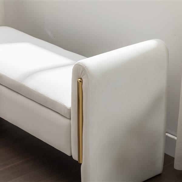 032-Velvet Fabric Storage Bench Bedroom Bench With Gold Metal Trim Strip For Living Room Bedroom Indoor,Ivory