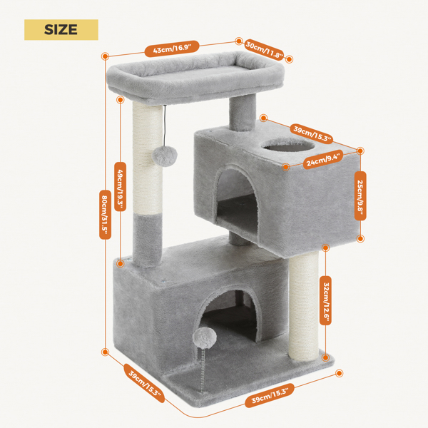 31.5" Cat Tree Cat Tower with Dual Large Condos for Kittens and Medium Size Cats(Banned shein,unable to ship on weekends)