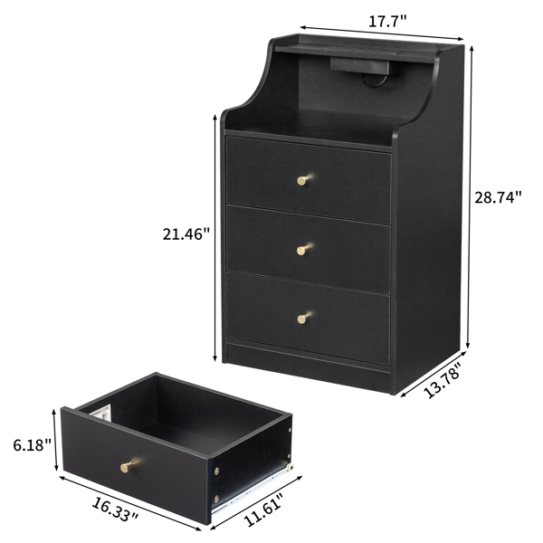 FCH black particleboard with triamine matt gold tapered handle 45*35*73cm three drawers with compartments bedside table 1 wireless + 2 USB ports + 2 US standard three-plug ports