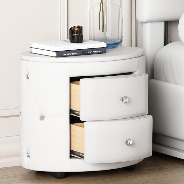 Elegant PU Nightstand with 2 Drawers and Crystal Handle,Fully Assembled Except Legs&Handles,Storage Bedside Table - White