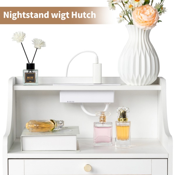 [FCH] white particleboard with triamine matt gold tapered handle 45*35*63cm rattan two drawers with compartments bedside table 1 wireless + 2 USB ports + 2 US standard three-plug ports