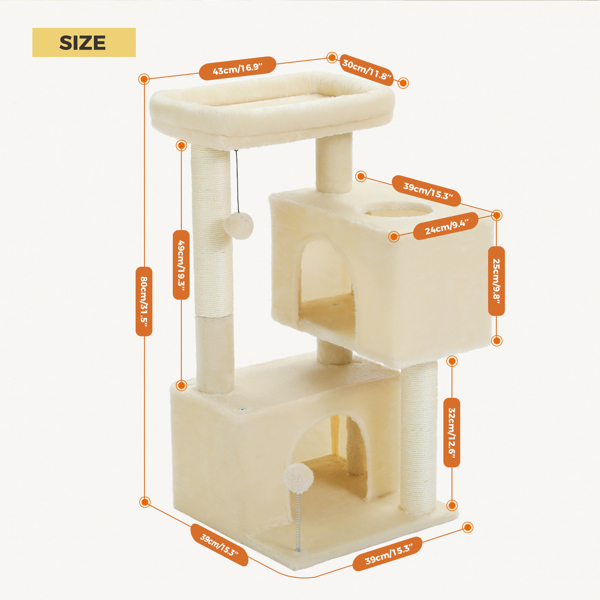 31.5" Cat Tree Cat Tower with Dual Large Condos for Kittens and Medium Size Cats,Beige(Banned shein,unable to ship on weekends)