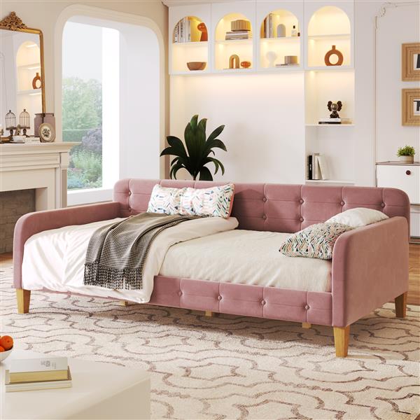 Twin Size Upholstered Daybed with 4 Support Legs, Pink