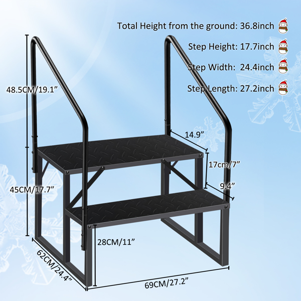 2 Step Ladder with Handrail, Swimming Pool Ladder Above Ground, 660 lb Load Capacity RV Steps with Anti-Slip Panel, Mobile Home Stairs for Reaching and Getting High