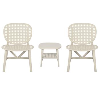 3 Pieces Hollow Design Retro Patio Table Chair Set All Weather Conversation Bistro Set Outdoor Table with Open Shelf and Lounge Chairs with Widened Seat for Balcony Garden Yard White