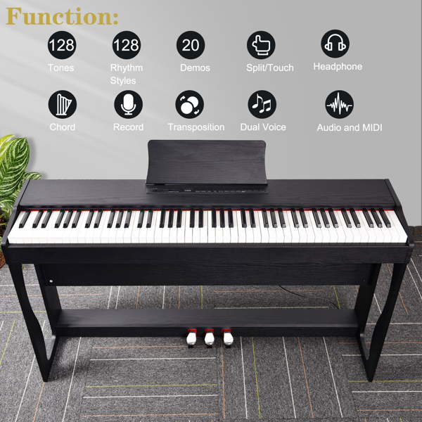 [Do Not Sell on Amazon] Glarry GDP-104 88 Keys Full Weighted Keyboards Digital Piano with Furniture Stand, Power Adapter, Triple Pedals, Headphone, for All Experience Levels Black--Replace 46233857