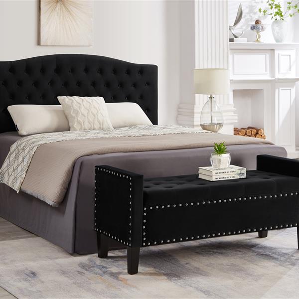 Upholstered Tufted Button Storage Bench with nails trim,Entryway Living Room Soft Padded Seat with Armrest,Bed Bench-Black