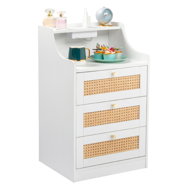 FCH white particleboard with triamine matt gold tapered handle 45*35*73cm rattan three drawers with compartments bedside table 1 wireless + 2 USB ports + 2 US standard three-plug ports