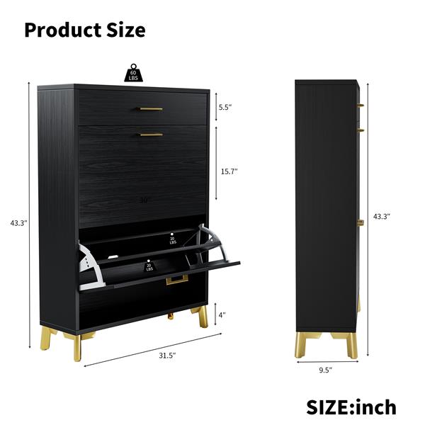 Shoe Storage Cabinet for Entryway, Free Standing Shoe Organizer with 2 Flip Drawers, Hidden Shoe Rack Storage Organizer for Doorway Hallway Closet, Black