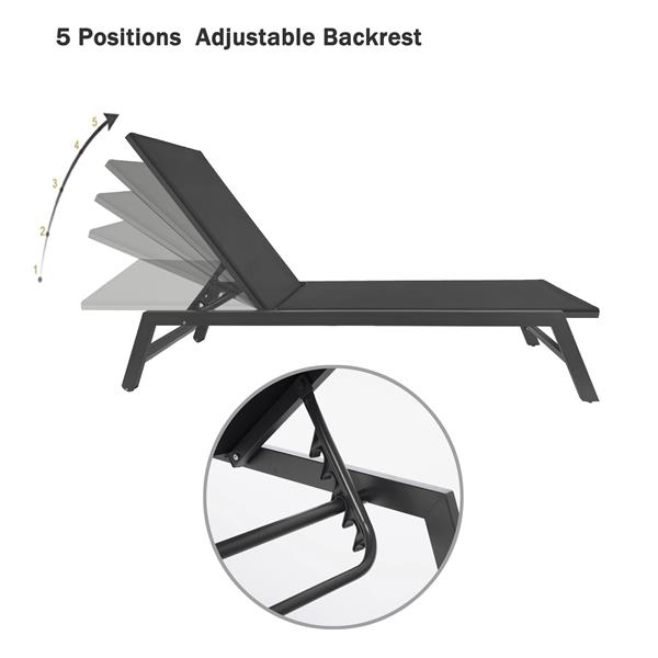 NEW Outdoor 2-Pcs Set Chaise Lounge Chairs,Five-Position Adjustable Aluminum Recliner,All Weather for Patio,Beach,Yard,Pool ( Grey Frame/ Black fabric)