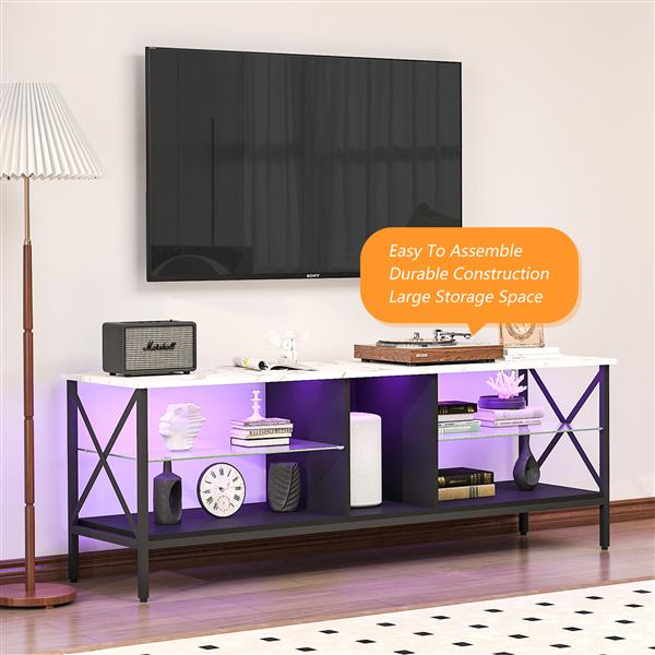 TV stand,Iron TV cabinet,entertainment center, TV set, media console, with LED lights, remote control,toughened glass stand,can be placed in the living room, bedroom, color:white with marble texture