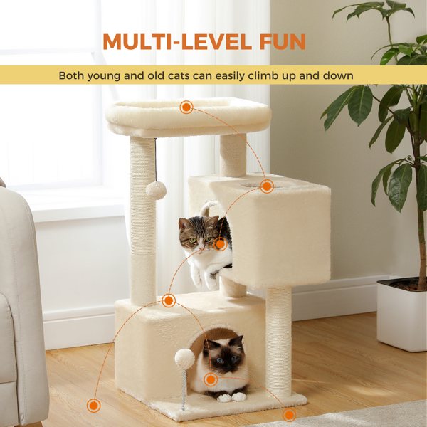 31.5" Cat Tree Cat Tower with Dual Large Condos for Kittens and Medium Size Cats,Beige(Banned shein,unable to ship on weekends)