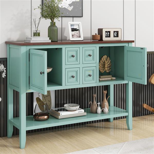 Series  Ample Storage Vintage Console Table with Four Small Drawers and Bottom Shelf for Living Rooms, Entrances and Kitchens (Retro Blue