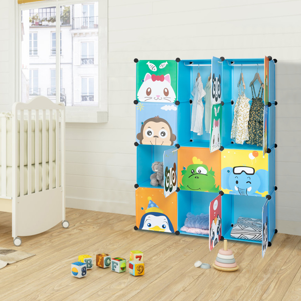 4-Layer 12-Grid 2-Hanging Rod Magic Cube Wardrobe, Plastic + Steel Wire Material with Animal Pattern, Pattern Door Blue Cabinet