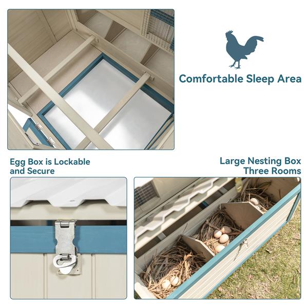 Weatherproof outdoor chicken coop with waterproof PVC roof. Outdoor chicken coop with removable bottom for easy cleaning.Large space Coop suitable for 5-7 chickens.