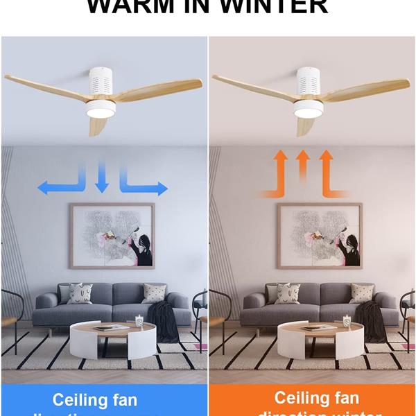 52 Inch Indoor Flush Mount Ceiling Fan With 3 Solid Wood Blades Remote Control Reversible DC Motor With Led Light