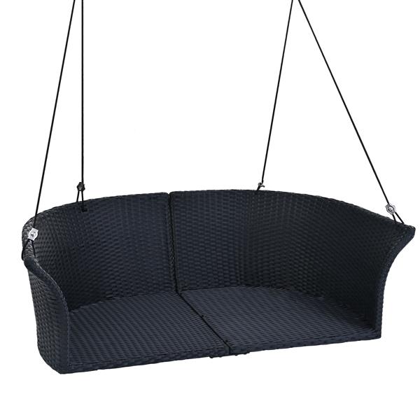 51.9" 2-Person Hanging Seat, Rattan Woven Swing Chair, Porch Swing With Ropes, Black Wicker And White Cushion