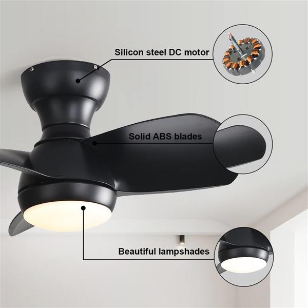 23 Inch Bedroom Ceiling Fan With 3 Color Dimmable 3 ABS Blades Remote Control DC Motor Black With 18W Led Light