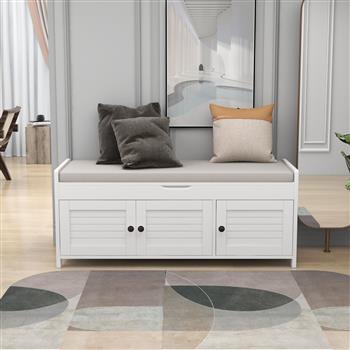 Storage Bench with 3 Shutter-shaped Doors, Shoe Bench with Removable Cushion and Hidden Storage Space