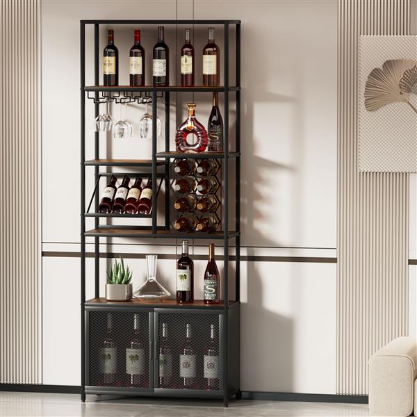 82.7" Industrial Standing Wine Rack with Glass Rack Tall  Floor Bar Cabinet