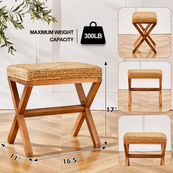 Ottoman Footstool Natural Seagrass Footrest Pouf Ottomans with X Wooden Legs Rectangular Hand Weaving Foot Rest for Living Room Patio Balcony 17 inch 