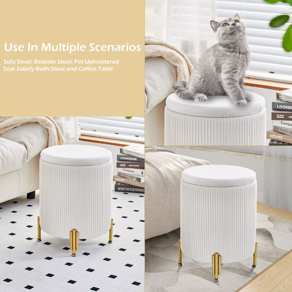 Round Ottoman Foot Stool with 23Qt Storage Velvet Footrest Stool Vanity Stool Chair Support 300lbs Modern Ottoman Coffee Table Padded Seat for Living Room Bedroom Cream