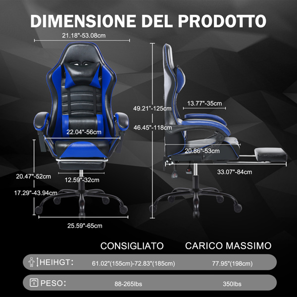 Computer Gaming Chairs with Footrest, Ergonomic Gaming Computer Chair for Adults, PU Leather Office Chair Adjustable Desk Chairs with Wheels, 360°Swivel Big and Tall Gamer Chair, Blue