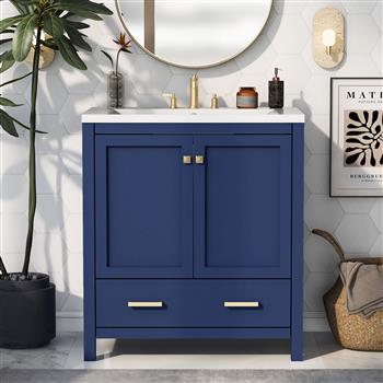 30\\" Blue Bathroom Vanity with Single Sink, Combo Cabinet Undermount Sink, Bathroom Storage Cabinet with 2 Doors and a Drawer, Soft Closing, Multifunctional Storage, Solid Wood Frame