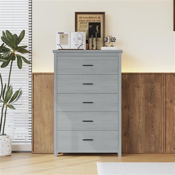 Retro American Country Style Wooden Dresser with 5 Drawer, Storage Cabinet for Bedroom, Light Gray