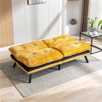 Convertible Sofa Bed  Loveseat Futon Bed Breathable Adjustable Lounge Couch with Metal Legs,Futon Sets for Compact Living Space  Chenille-Yellow