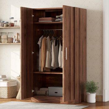 2-Door Wooden Wardrobe Armoire with 3 Storage Shelves, Brown